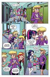 Size: 1988x3056 | Tagged: safe, artist:pencils, color edit, derpibooru import, edit, editor:michaelsety, idw, applejack, fluttershy, ms. harshwhinny, pinkie pie, rainbow dash, rarity, sci-twi, sunset shimmer, twilight sparkle, equestria girls, spoiler:comicequestriagirlsmarchradness, colored, human coloration, humane five, humane seven, humane six, page