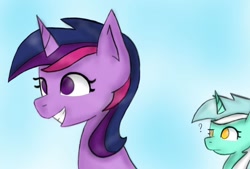 Size: 1280x863 | Tagged: safe, artist:sunnyroop23, derpibooru import, lyra heartstrings, twilight sparkle, alternate hairstyle, confused, duo, female, smiling