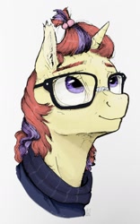 Size: 1024x1644 | Tagged: safe, artist:rachelmacready, derpibooru import, moondancer, pony, unicorn, bust, clothes, female, glasses, looking up, mare, mixed media, portrait, simple background, solo, three quarter view