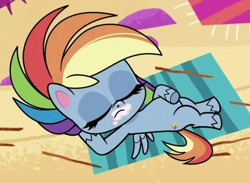 Size: 630x460 | Tagged: safe, derpibooru import, screencap, rainbow dash, pegasus, pony, my little pony: pony life, pony surfin' safari, spoiler:pony life s01e22, beach, belly, cropped, female, food, food on face, hooves behind head, mare, solo, wrong cutie mark