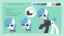 Size: 2560x1440 | Tagged: safe, artist:keupoz, derpibooru import, oc, oc only, oc:picture in picture, earth pony, pony, beauty mark, clothes, commission, earth pony oc, female, hoodie, mare, reference sheet, simple background, tail wrap, text, tongue out