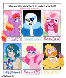 Size: 1733x2048 | Tagged: safe, artist:bubaiuv, derpibooru import, pinkie pie, anthro, earth pony, pony, g3, :d, animal crossing, animatronic, anthro with ponies, bone, candle, chica, clothes, crossover, cupcake, eyes closed, female, five nights at freddy's, food, glowing eyes, grin, lana, male, mare, open mouth, pokémon, popplio, round 'n round, sans (undertale), six fanarts, skeleton, smiling, undertale