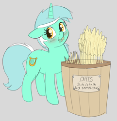 Size: 942x978 | Tagged: safe, artist:heretichesh, derpibooru import, lyra heartstrings, pony, unicorn, barrel, blushing, crime, eating, female, food, fuck the police, horses doing horse things, l.u.l.s., mare, oats, sign, stealing, text, u lil shid, villainous