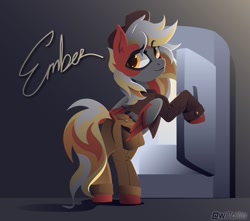 Size: 1222x1080 | Tagged: safe, artist:willoillo, derpibooru import, oc, oc:ember, pegasus, clothes, hat, jacket, pants, pegasus oc, pony oc, refrigerator, solo, wings