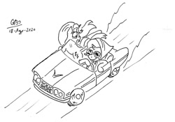 Size: 1024x716 | Tagged: safe, artist:gafelpoez, derpibooru import, starlight glimmer, trixie, pony, unicorn, car, driving, monochrome, simple background, sunglasses, thelma and louise, white background