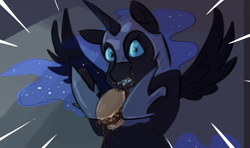 Size: 1053x622 | Tagged: safe, artist:testostepone, derpibooru import, nightmare moon, burger, caught, colored sketch, eating, female, food, simple background, solo