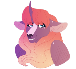 Size: 1280x1163 | Tagged: safe, artist:vintagefeline, derpibooru import, oc, oc:solar swirl, hybrid, original species, bust, commission, curved horn, ethereal mane, female, horn, interspecies offspring, looking at you, offspring, parent:prince rutherford, parent:princess luna, parents:lunaford, simple background, smiling, transparent background, wings, yakony