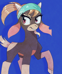 Size: 1704x2048 | Tagged: safe, artist:ash of the leander, derpibooru import, shanty goat, goat, them's fightin' herds, bandana, blue background, cloven hooves, community related, facial hair, female, goatee, grin, horns, looking sideways, raised hoof, simple background, smiling, solo