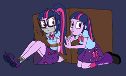 Size: 2642x1591 | Tagged: safe, artist:bugssonicx, derpibooru import, sci-twi, twilight sparkle, equestria girls, arm behind back, bondage, bound and gagged, box, clothes, gag, glasses, rescue, rope, rope bondage, self paradox, shhh, simple background, skirt, tape, tape gag, twolight