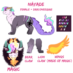 Size: 3000x3000 | Tagged: safe, artist:glitterstar2000, derpibooru import, oc, oc only, oc:nayade, draconequus, hybrid, artificial wings, augmented, draconequus oc, female, fire, interspecies offspring, magic, magic wings, offspring, parent:discord, parent:princess celestia, parents:dislestia, reference sheet, simple background, solo, white background, wings