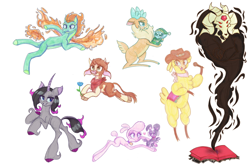 Size: 2048x1376 | Tagged: safe, artist:ash of the leander, derpibooru import, arizona cow, fhtng th§ ¿nsp§kbl, oleander, paprika paca, pom lamb, tianhuo, velvet reindeer, alpaca, classical unicorn, cow, deer, demon, dog, dragon, hybrid, lamb, longma, reindeer, sheep, sheep dog, unicorn, winter sprite, them's fightin' herds, bell, book, clothes, cloven hooves, collar, community related, cowboy hat, crying, female, floating heart, floppy ears, flower, hat, heart, horns, injured, leonine tail, lidded eyes, male, microphone, open mouth, sad, scarf, simple background, sketch, sketch dump, smiling, tongue out, unicornomicon, unshorn fetlocks, white background