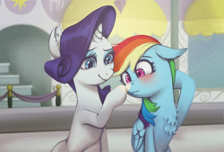 Size: 3496x2362 | Tagged: safe, artist:taytinabelle, derpibooru import, rainbow dash, rarity, pegasus, pony, unicorn, rarity investigates, blushing, boop, boop the snoot, chest fluff, cross-eyed, cute, dashabetes, duo, ear fluff, female, floppy ears, folded wings, head scratch, high res, hnnng, mare, raribetes, scene interpretation, scrunchy face, shipping fuel, sitting, smiling, sunscreen, wings