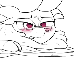 Size: 2066x1649 | Tagged: safe, artist:dammitjanuary, derpibooru import, cashmere (tfh), deer, reindeer, them's fightin' herds, blushing, clothes, cloven hooves, community related, female, floppy ears, glasses, lidded eyes, lip bite, monochrome, partial color, scarf, simple background, solo, white background