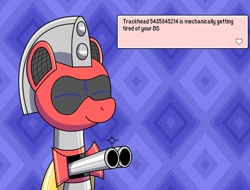 Size: 1280x972 | Tagged: safe, artist:trackheadtherobopony, derpibooru import, oc, oc:trackhead, pony, robot, robot pony, delet this, earthbound, eyes closed, gun, mother 3, shotgun, smiling, solo, text box, vulgar, weapon