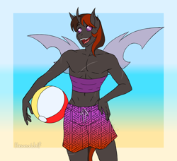 Size: 3400x3100 | Tagged: safe, artist:hasana-chan, derpibooru import, oc, oc only, oc:onyx dust, anthro, changeling, anthro oc, beach ball, changeling oc, clothes, commission, digital art, fangs, gift art, gradient background, happy, male, open mouth, partial nudity, purple changeling, scar, smiling, solo, swimming trunks, topless