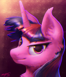 Size: 2267x2645 | Tagged: safe, alternate version, artist:angusdra, derpibooru import, twilight sparkle, pony, bust, chest fluff, chromatic aberration, ear fluff, female, looking at you, mare, portrait, solo