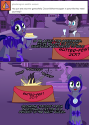 Size: 1148x1602 | Tagged: safe, artist:ladyanidraws, derpibooru import, doctor whooves, oc, oc:pun, pony, agent 707, ask, ask pun, butter, comic, discord whooves, eating, food, that pony sure does love butter