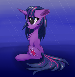 Size: 2480x2547 | Tagged: safe, artist:itchystomach, derpibooru import, twilight sparkle, unicorn twilight, unicorn, blue background, chest fluff, digital art, ear fluff, female, rain, simple background, solo, wet, wet mane