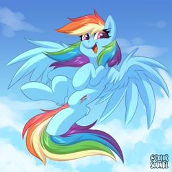 Size: 3000x3000 | Tagged: safe, artist:ask-colorsound, derpibooru import, rainbow dash, pegasus, pony, cloud, cute, dashabetes, flying, high res, leg fluff, looking at you, sky, smiling, smiling at you, solo, spread wings, wings