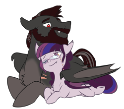 Size: 3007x2646 | Tagged: safe, artist:chub-wub, derpibooru import, oc, oc only, oc:antique rose, oc:slate breaker, bat pony, bat pony oc, bat wings, beard, commission, couple, digital art, facial hair, fangs, female, glasses, grandparents, husband and wife, lying down, male, mare, married, married couple, nuzzling, oc x oc, one eye closed, prone, red eyes, scar, shipping, simple background, slit eyes, smiling, stallion, straight, transparent background, wings