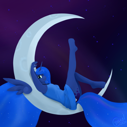 Size: 2000x2000 | Tagged: safe, artist:alicorn-without-horn, derpibooru import, princess luna, alicorn, anthro, unguligrade anthro, blue dress, clothes, crescent moon, dress, ethereal mane, female, floating wings, leaning, leaning back, looking at you, looking sideways, lying down, mare, moon, night, on back, profile, raised arm, raised leg, schrödinger's pantsu, side view, solo, stars, tangible heavenly object, transparent moon, wings