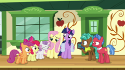 Size: 1920x1080 | Tagged: safe, derpibooru import, screencap, apple bloom, biscuit, fluttershy, scootaloo, spur, sweetie belle, twilight sparkle, twilight sparkle (alicorn), alicorn, pegasus, pony, growing up is hard to do, bag, cutie mark crusaders, saddle bag, train station