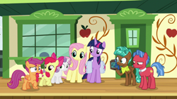 Size: 1920x1080 | Tagged: safe, derpibooru import, screencap, apple bloom, biscuit, fluttershy, scootaloo, spur, sweetie belle, twilight sparkle, twilight sparkle (alicorn), alicorn, pegasus, pony, growing up is hard to do, bag, cutie mark crusaders, saddle bag, train station