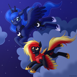 Size: 2500x2500 | Tagged: safe, artist:starshade, derpibooru import, princess luna, oc, oc:fire drift, alicorn, pegasus, pony, female, flying, mare, night, sky, starry night, stars