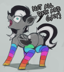 Size: 1205x1351 | Tagged: safe, artist:marsminer, derpibooru import, oc, oc only, oc:dusk avenheart, bat pony, bat pony oc, bat wings, blatant lies, clothes, rainbow socks, socks, striped socks, wings