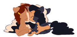 Size: 3857x1875 | Tagged: safe, artist:chub-wub, derpibooru import, oc, oc:breaking dawn, oc:honeycrisp meadow, earth pony, pegasus, pony, commission, couple, digital art, earth pony oc, eyes closed, female, gift art, grandmother, kissing, lesbian, mare, oc x oc, shipping, simple background, transparent background