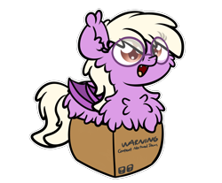 Size: 3250x2688 | Tagged: safe, artist:kimjoman, derpibooru import, part of a set, oc, oc only, oc:pinkfull night, bat pony, pony, bat pony oc, bat wings, box, fangs, female, glasses, pony in a box, simple background, slit eyes, solo, teenager, transparent background, wings