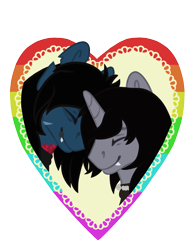 Size: 1577x2017 | Tagged: safe, artist:macyw, derpibooru import, pony, undead, unicorn, zombie, zombie pony, bring me the horizon, bust, clothes, commission, disguise, disguised siren, eyes closed, fangs, gay, heart, horn, jewelry, kellin quinn, lip piercing, male, necklace, oliver sykes, piercing, ponified, rainbow, scar, shirt, simple background, sleeping with sirens, smiling, t-shirt, tattoo, torn ear, transparent background, ych result