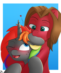 Size: 1600x1920 | Tagged: safe, artist:h3nger, derpibooru import, oc, oc only, oc:doodles, oc:krylone, earth pony, pony, unicorn, blushing, gay, heart, male, multicolored hair, rainbow hair