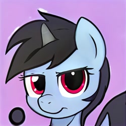 Size: 1024x1024 | Tagged: safe, artist:thisponydoesnotexist, derpibooru import, unicorn, black mane, female, frown, mare, neural network, red eyes, smiling, solo, unamused