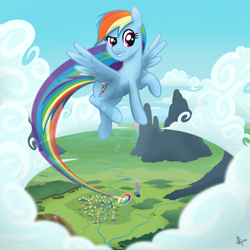 Size: 2048x2048 | Tagged: safe, artist:whitequartztheartist, derpibooru import, rainbow dash, pegasus, pony, cloud, female, flying, mare, ponyville, rainbow trail, solo, sonic rainboom