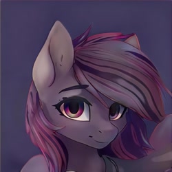 Size: 1024x1024 | Tagged: safe, artist:thisponydoesnotexist, derpibooru import, earth pony, cloak, clothes, eyebrows visible through hair, female, gray coat, looking at you, mare, mysterious, neural network, scar, smiling