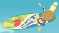 Size: 1732x987 | Tagged: safe, derpibooru import, screencap, applejack, better together, blue crushed, equestria girls, barefoot, clothes, cropped, feet, legs, solo, surfboard, surfing, swimsuit