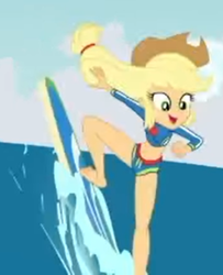 Size: 1324x1629 | Tagged: safe, derpibooru import, screencap, applejack, better together, blue crushed, equestria girls, barefoot, clothes, cropped, feet, legs, solo, surfboard, surfing, swimsuit