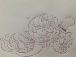 Size: 563x422 | Tagged: artist needed, safe, derpibooru import, princess skystar, mermaid, sea pony, my little pony: the movie, bubble, crossover, hat, traditional art, underwater, wander (wander over yonder), wander over yonder