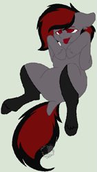 Size: 385x681 | Tagged: safe, artist:godly dirty, artist:mochii-maddness, derpibooru import, oc, oc:dicemare, pegasus, pony, background, black, black and red, black hair, black socks, clothes, commission, cute, female, flat color, flat color art, floppy ears, fluffy, hair, hot, long hair, long mane, long tail, looking at you, lying down, mane, ms paint, on back, pegasus oc, pretty, red eyes, red mane, sexy, smiling, socks, solo, solo female, tail, tongue out, wings