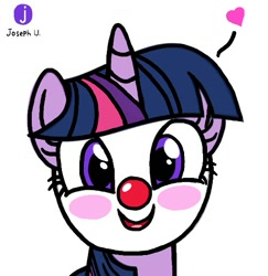 Size: 499x514 | Tagged: safe, artist:josephurrutia, derpibooru import, twilight sparkle, oc, oc:twi clown, pony, unicorn, clown, clown nose, cute, floating heart, heart