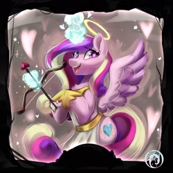 Size: 1889x1889 | Tagged: safe, artist:colorfulcolor233, derpibooru import, princess cadance, alicorn, pony, arrow, bow (weapon), bow and arrow, chest fluff, clothes, crossover, cupid, cupidance, female, halo, heart, heart eyes, magic, mare, open mouth, solo, telekinesis, the werewolves of millers hollow, weapon, wingding eyes