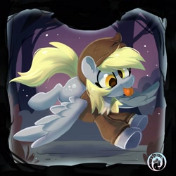 Size: 1889x1889 | Tagged: safe, artist:colorfulcolor233, derpibooru import, derpy hooves, pegasus, pony, :p, cap, clothes, crossover, female, flying, hat, mare, rags, solo, the werewolves of millers hollow, tongue out