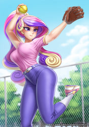 Size: 874x1250 | Tagged: safe, alternate version, artist:racoonsan, derpibooru import, princess cadance, human, ball, baseball glove, belt, breasts, clothes, female, fence, humanized, jeans, lushing, nail polish, pants, princess cansdance, shirt, shoes, smiling, sneakers, socks, softball, solo, sweat, sweatdrop, sweatdrops, t-shirt, tree