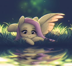 Size: 1654x1536 | Tagged: safe, artist:katputze, derpibooru import, fluttershy, pegasus, pony, chromatic aberration, cute, female, looking at something, lying down, mare, prone, shyabetes, solo, water