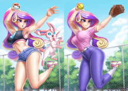 Size: 1747x1250 | Tagged: safe, artist:racoonsan, derpibooru import, princess cadance, human, alternate hairstyle, baseball glove, belly button, belt, blushing, breasts, clothes, crossover, daisy dukes, female, fence, gloves, humanized, jeans, midriff, nail polish, open mouth, pants, pokéball, pokémon, shirt, shoes, shorts, sneakers, socks, softball, sports bra, sweat, sweatdrop, sweatdrops, sylveon, t-shirt, tree