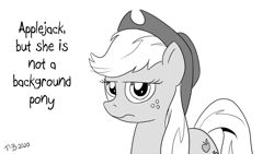 Size: 1200x675 | Tagged: safe, artist:pony-berserker, derpibooru import, applejack, earth pony, pony, applejack is not amused, applejack's hat, bad joke face, cowboy hat, hat, monochrome, solo, stippling, unamused