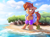 Size: 1507x1130 | Tagged: safe, artist:rexyseven, derpibooru import, oc, oc only, oc:rusty gears, earth pony, pony, beach, chest fluff, clothes, female, floaty, floppy ears, frown, mare, ocean, scared, scenery, shrunken pupils, socks, solo, striped socks, tree, water, water wings