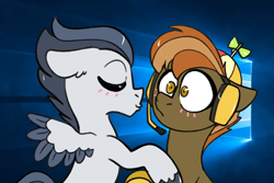 Size: 1200x800 | Tagged: safe, artist:ch0c0butt, derpibooru import, button mash, rumble, earth pony, pegasus, pony, alternate hairstyle, blushing, colored wings, colored wingtips, controller, eyes closed, gay, hat, headset, kissing, male, older, older button mash, older rumble, propeller hat, rumblemash, shipping, stallion, surprised, unshorn fetlocks