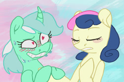 Size: 1280x849 | Tagged: safe, artist:losemeh, derpibooru import, bon bon, lyra heartstrings, sweetie drops, earth pony, pony, unicorn, alternate hairstyle, blushing, canon ship, couple, eyes closed, female, heart eyes, holding hooves, hoof hold, lesbian, looking at each other, lyrabon, mare, shipping, short hair, smiling, wingding eyes